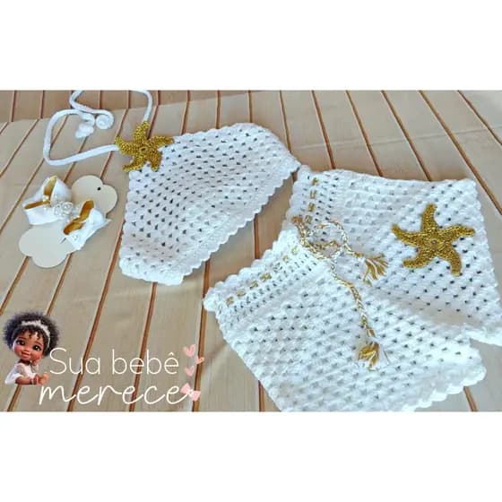 Conjunto Infantil em Crochê Kit 3 peças Blogueirinha Saída de praia-Conjunto Estrela