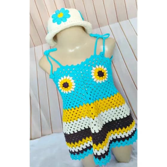 Vestido Em Crochê para Bebê Vestido verão Conjunto verão-Chapéu Bucket Hat Infantil