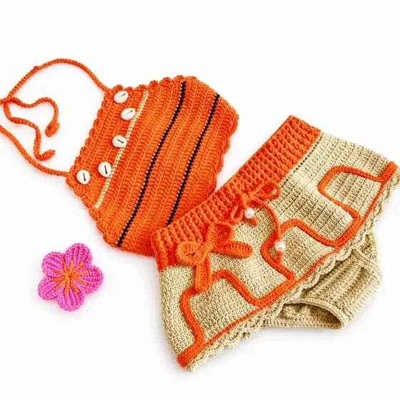 Conjunto Moana em Crochê para Bebês/tapa fralda Moana/Fantasia Moana Baby