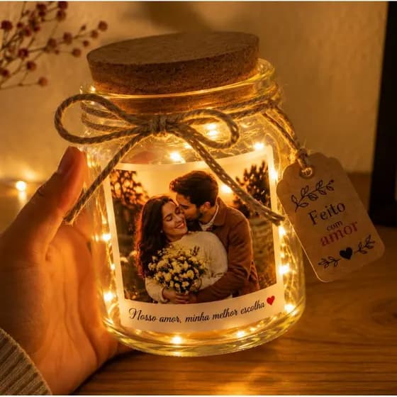 Pote de luz personalizado com sua foto potinho iluminado porta retrato casal de vidro abajur