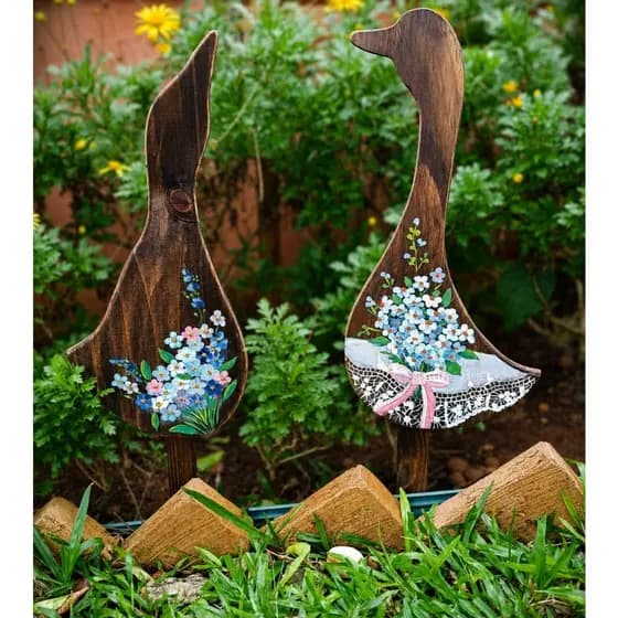 Pato Decorativo De Madeira Pinus Pintado à mão - Jardim
