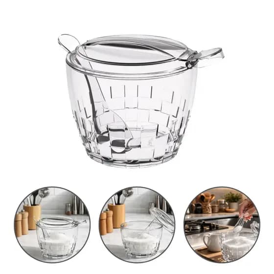 Açucareiro em Acrílico Cristal Transparente Com Colher E Tampa
