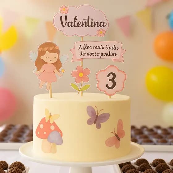 Topo de Bolo Jardim Encantado Personalizado Fadinha, Flores e Borboletas Topper