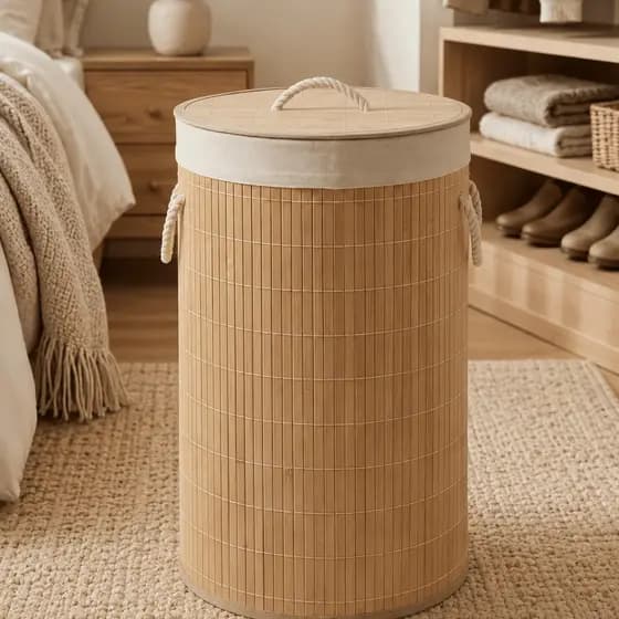 Cesto de Roupa Suja Bambu Grande 60cm com Tampa Forro Alças 72L Organizador Brinquedos Lavanderia