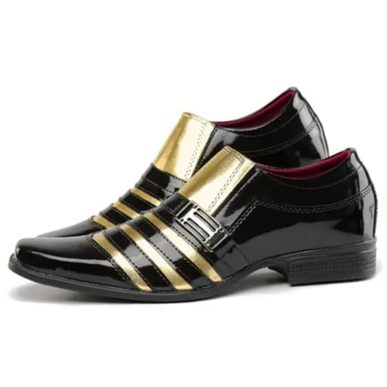 Sapato Social Masculino Preto com Dourado Verniz Super Confortável e Estiloso Fivela
