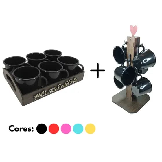 Kit Bandeja + Suporte de Xícaras + 12 Xícaras em Acrilíco Cozinha Cantinho do Café
