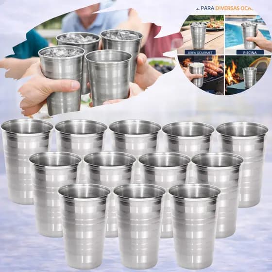Jogo de Copos Inox 390ml Alta Qualidade Copo Grande Resistente Não Quebra Aço Inoxidável