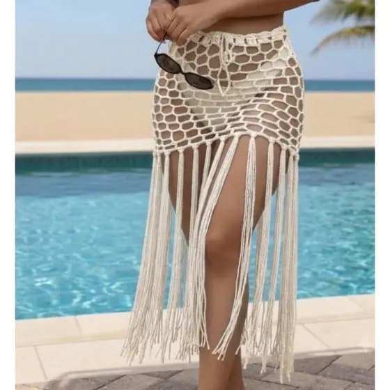 Saia Saída de Praia em crochê-Franjas longas -tendência verão-moda praia feito a mão