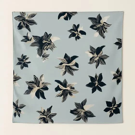Lenço feminino crepe azul e cinza floral tendência