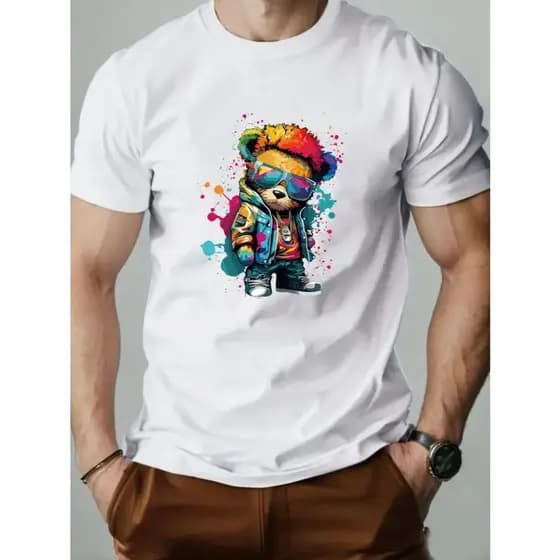 Camisa Camiseta Masculina Estampada Algodão Básica Malha 30.1 Urso Cores