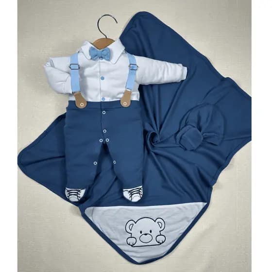 Kit Saída Maternidade Menino Social Suspensório Azul Petróleo