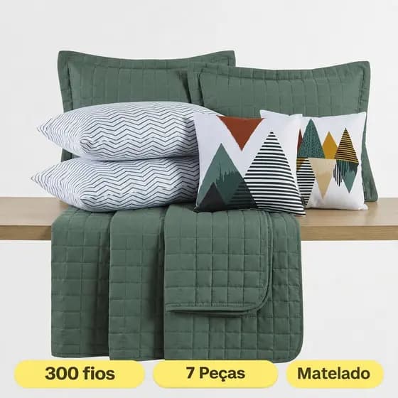 Kit Colcha Cobre Leito Basic 7 peças Estampado 300 Fios Matelado Quadrado com porta Travesseiro EDDI Casa