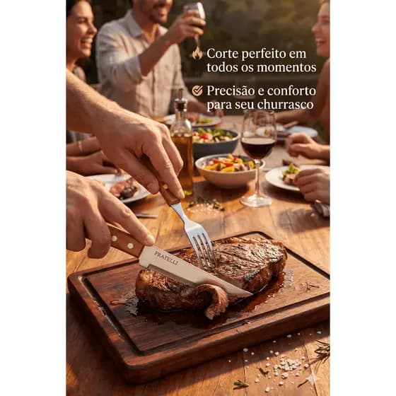 Jogo Talheres Churrasco Aço Inox Madeira 6 Peças Facas Outback Garfos Jumbo Resistente Cozinha Mesa