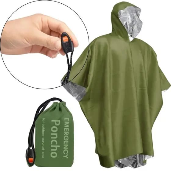 Capa Poncho Térmico Emergência Com Apito E Bolsa Compacta Impermeável Proteção Resgate Portátil Sobrevivência Outdoor Co