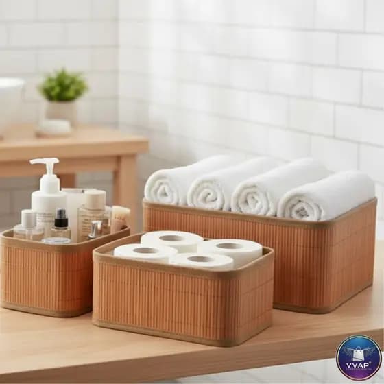 Conjunto 3 Cestos Organizadores em Bambu Forro Caixa Organizadora para Banheiro e Guarda Roupa