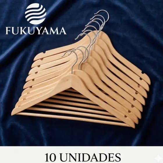 KIT 10 CABIDES DE MADEIRA FUKUYAMA PREMIUM COM GANCHO GIRATÓRIO 360°