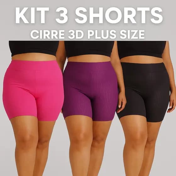 KIT COM 3 SHORTS SUPLEX 3D PLUS SIZE – CINTURA ALTA | CONFORTO E ESTILO PARA O DIA A DIA E ACADEMIA