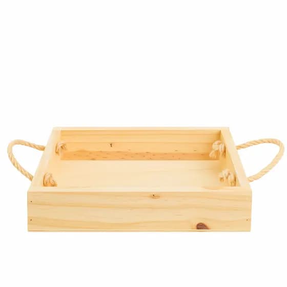 Cesta de Café da Manhã – Bandeja de Madeira Pinus com Alça de corda sisal 35x25x6,5cm