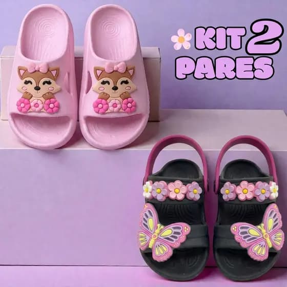 Kit Conjunto Dois Pares Papete Infantil Menina Chinelo Conjunto Feminino Calce Fácil Envio Rápido