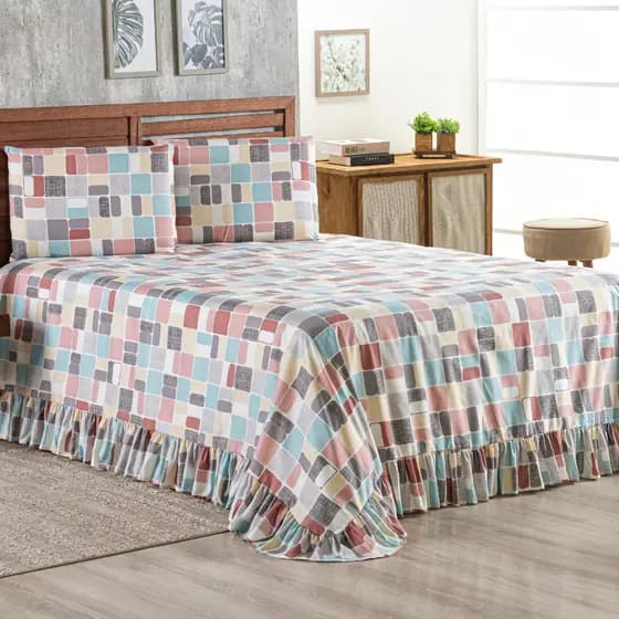 Kit Colcha Laila Percal 400 Fios Com Babado Solteiro, Casal, Queen, King 03 Peças Várias Estampas