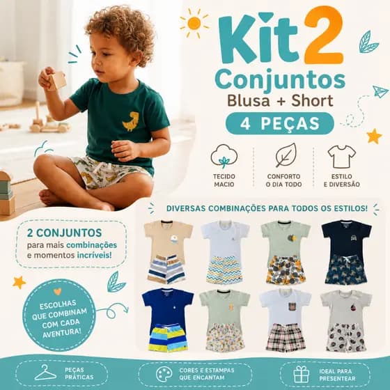 Kit 2 Conjuntos Sortidos Infantil Menino Camisa Algodão + Short Tactel 6 Meses a 8 Anos Escola Verão