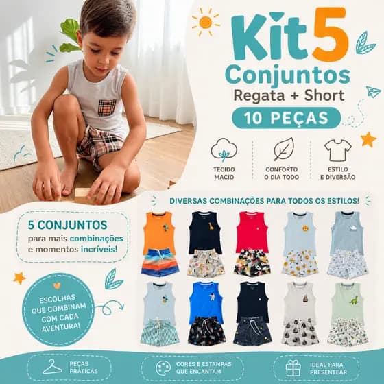 Kit 5 Conjuntos Sortidos Infantil Menino Camiseta Regata Algodão + Short Tactel Escola Verão Praia