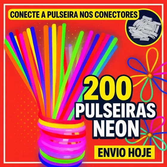 Pulseira Neon Brilha no Escuro Kit 100/200 Fluorescentes Alto Brilho Festa Balada