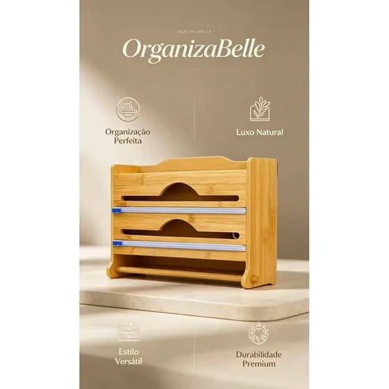 Organizador de Bambu Porta Tempero Papel Toalha Plástico Filme Alumínio C/Cortador P/Cozinha - CX269