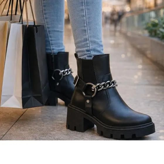 Bota Feminina Cano Curto Salto Bloco Coturno Confortável Moda Inverno Casual Detalhe Corrente