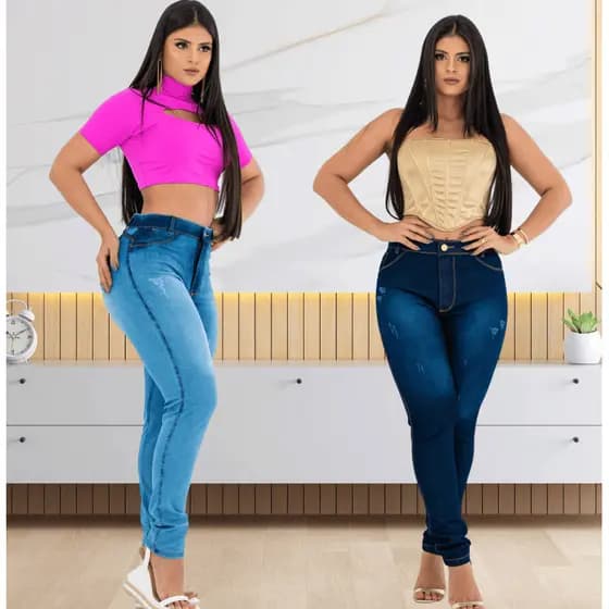 Kit 02 Calças Cós Alto Jeans Feminino Com Elastano Até o Umbigo Skinny Veste bem (Hot Pants)
