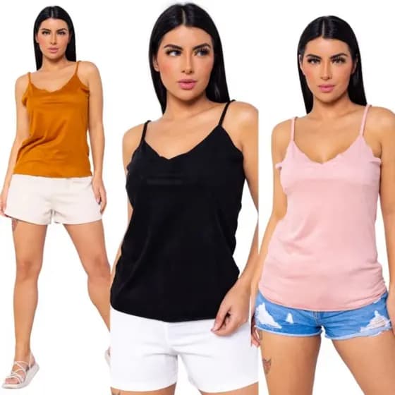 Kit 3 Blusa Blusinha Feminina Alcinha Regata Aveludada Tendência Moda Fashion