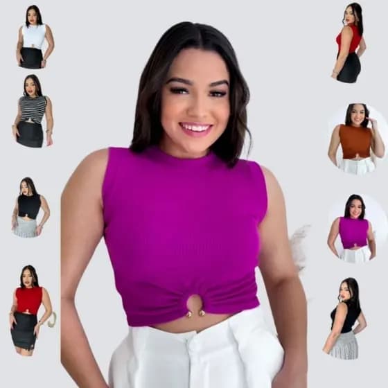 Blusinha Cropped com Argolinha na Frente Gola Redonda Crope Tecido Canelado Must-Have