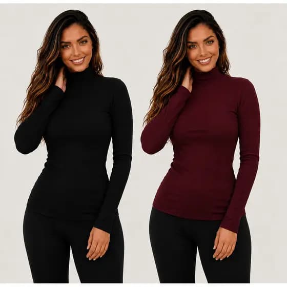 Kit 2 Blusa Blusinha Feminina Frio Manga Longa Gola Alta Cacharel Ribana Premium Canelado Roupa Básica Moda Aconchegante