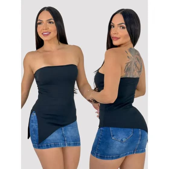 Kit 2 Blusinha Tomara que Caia Com Bojo Assimétrica Malha Canelada Ribana Fenda Regata Tendência Charmosa Elegante