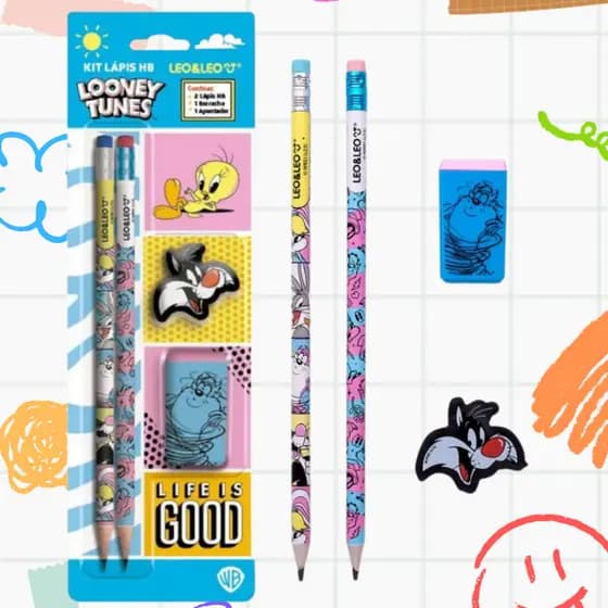 Material Escolar 2 Lapis + Apontador + Borracha Brinde Professor Kit Escolar Fofo Dino Hello Kitty