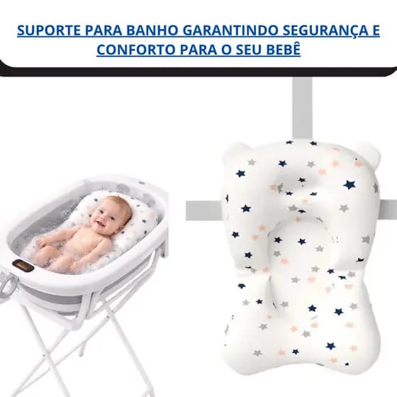 Banheira Bebê Dobrável com Suporte, Termômetro e Almofada – Cinza