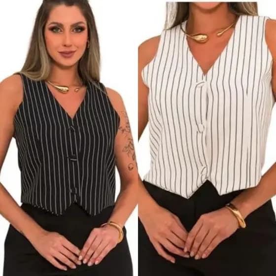 Kit 2 Coletinho Curto Alfaiataria Social Feminino Listrado Forrado Botão Oferta