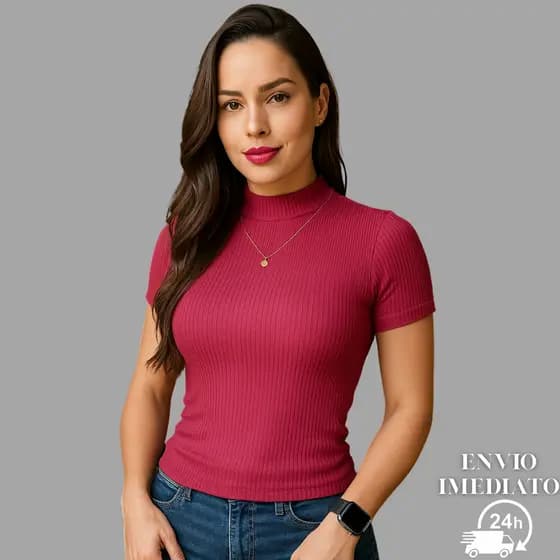 Blusa Canelada Feminina Gola Alta Manga Curta