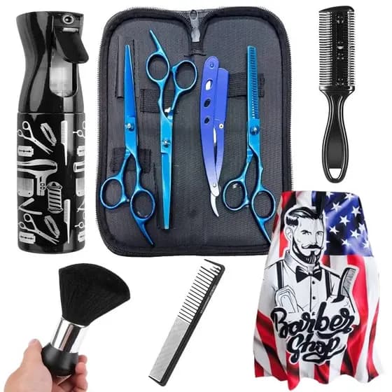 KIT TESOURAS CABELEIREIRO BARBEIRO AZUL + CAPA CORTE ESTAMPADA + PENTE NAVALHA+BORRIFADOR + ESPANADOR + PENTE CABELO