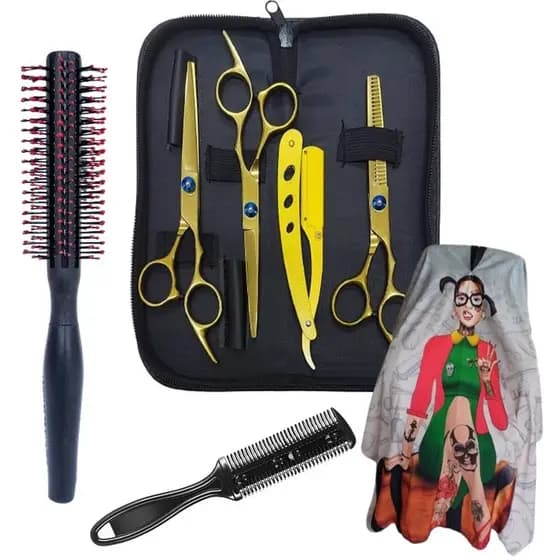 KIT TESOURAS LASER NAVALHA DESFIADEIRA CABELEIREIRO BARBEIRO DOURADO + CAPA CORTE ESTAMPADA + PENTE NAVALHA + ESCOVA