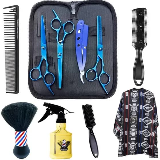 KIT TESOURAS CABELEIREIRO AZUL + CAPA CORTE BARBEIRO +PENTE NAVALHA+ ESPANADOR + PENTE CABELO + BORRIFADOR + ESCOVINHA