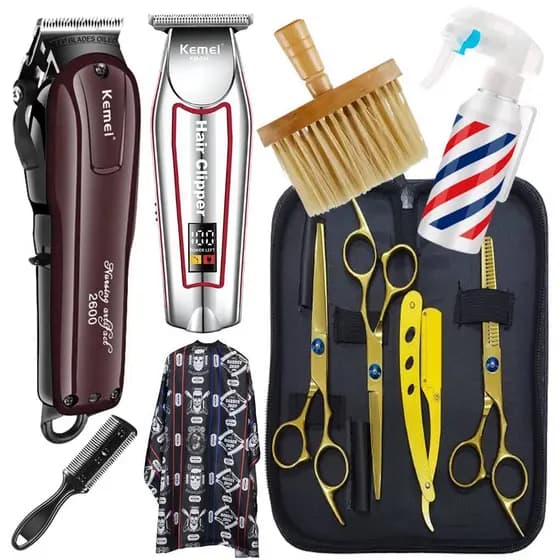 Kit Maquinas de Cortar Cabelo + Kit Tesouras Profissionais Para Barbeiro Tesoura Fio Navalha Capa Maquinas KM2600 KM034
