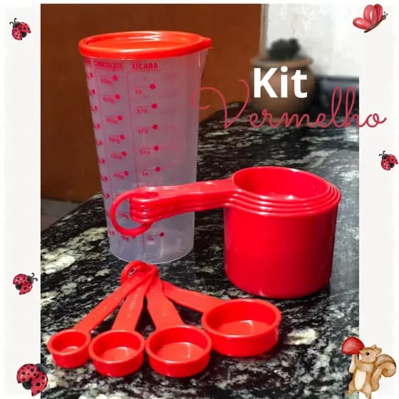Kit Conjunto 9 peças vermelho Copo com tampa Xicaras e Colheres para sua receita cozinha confeitaria lar