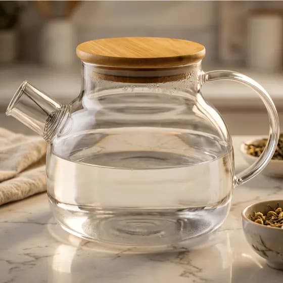Chaleira Bule de Vidro 1 Litro Tampa de Bambu Transparente Para Chá Café Água Saborizada Mesa Posta