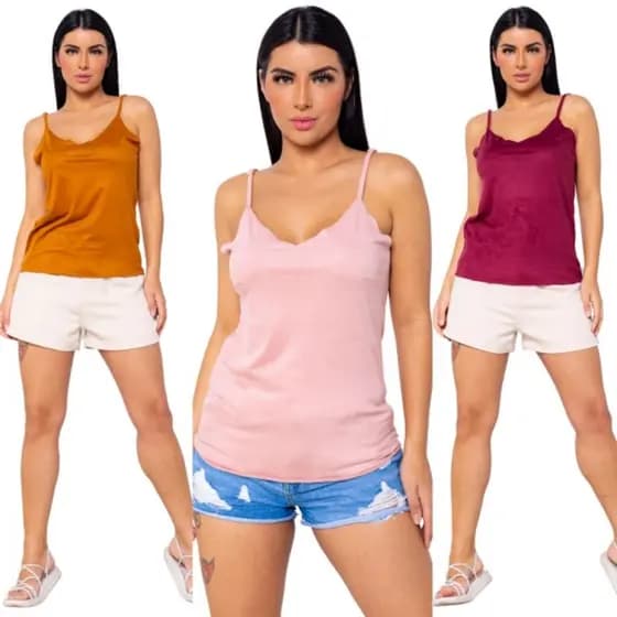 Kit 3 Blusinha Regata Alcinha Suede Feminina Blusa Aveludada Tendência Moda