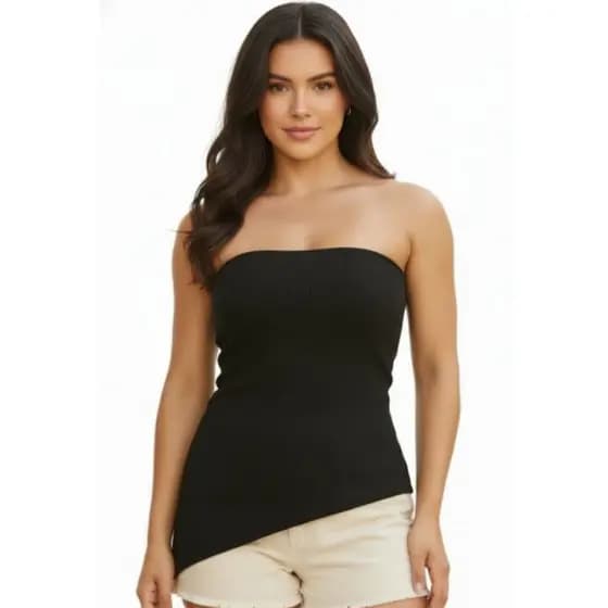 Blusa Tomara que Caia Com Bojo Assimétrica Malha Canelada Ribana Fenda Regata Charmosa Elegante