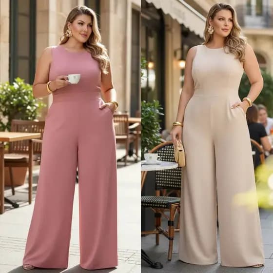 Macacão Longo Plus Size Pantalona Feminino Casual Social Elegante Com Elástico Nas Costas Sem Cinto