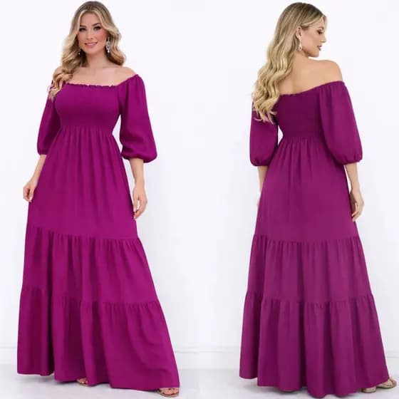 Vestido Longo Feminino Casual Chic Moda Evangélica Manga Princesa Lastex