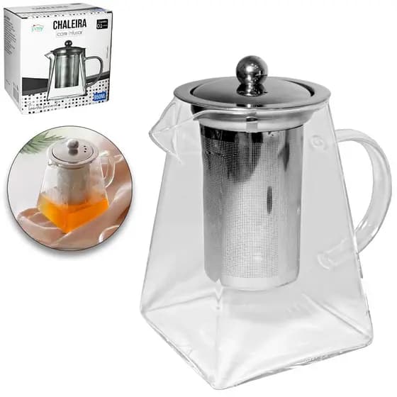 CHALEIRA DE VIDRO COM INFUSOR E TAMPA DE INOX 280ML/550ML/950ML