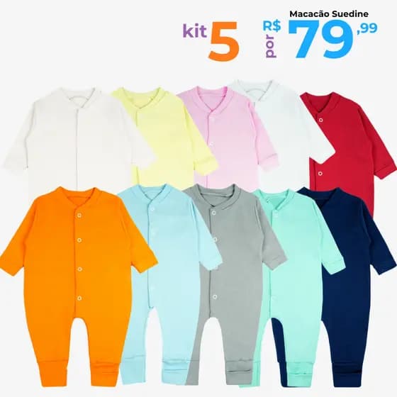 Kit 5 Macacão Suedine Liso para Bebê com Cores Minimalista Pé Reversivel